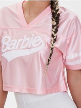 Barbie Light Pink Satin Logo Crop Tee